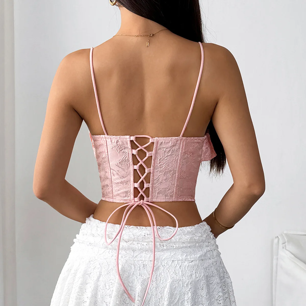 Sexy Women Backless Lace Up Crop Tops Camisole Ruffled Fishbone Corset Sweet Girl Pink Slim Tank Top Vest Summer Fashion Clothes