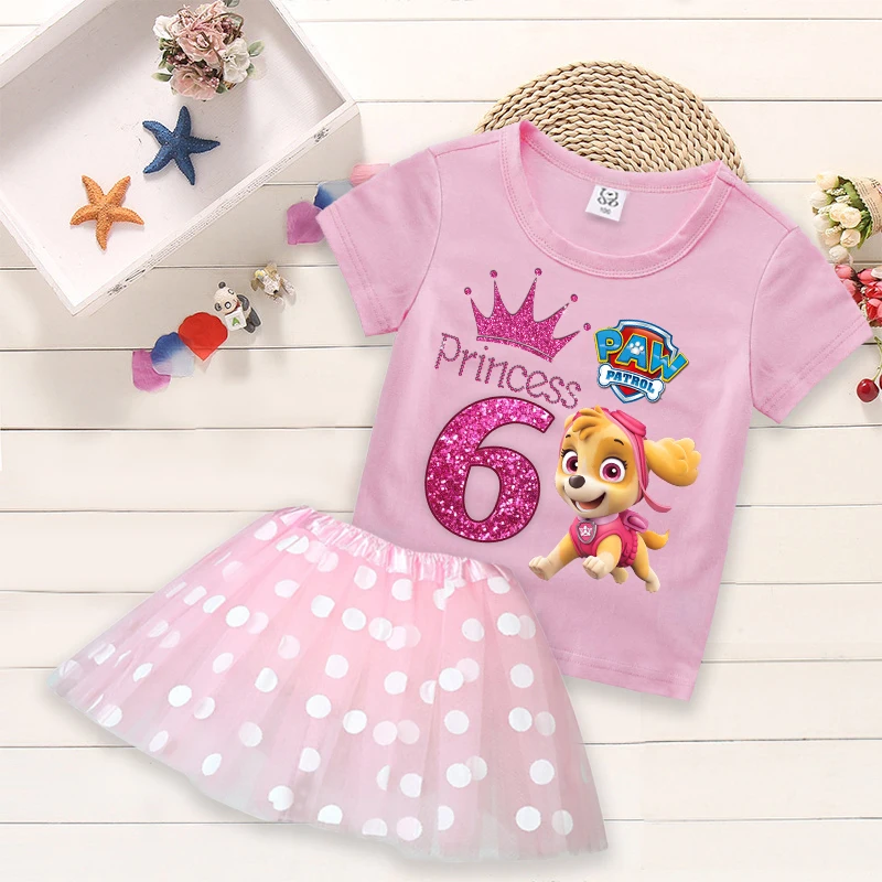 PAW Patrol Mädchen T-Shirt und Rock 2-teiliges Set, Niedliches Geburtstags-Outfit mit Kurzen Ärmeln und Gepunktetem Rock, Modische Baby-T-Shirts, Kawaii Kinderkleidung, Geschenk