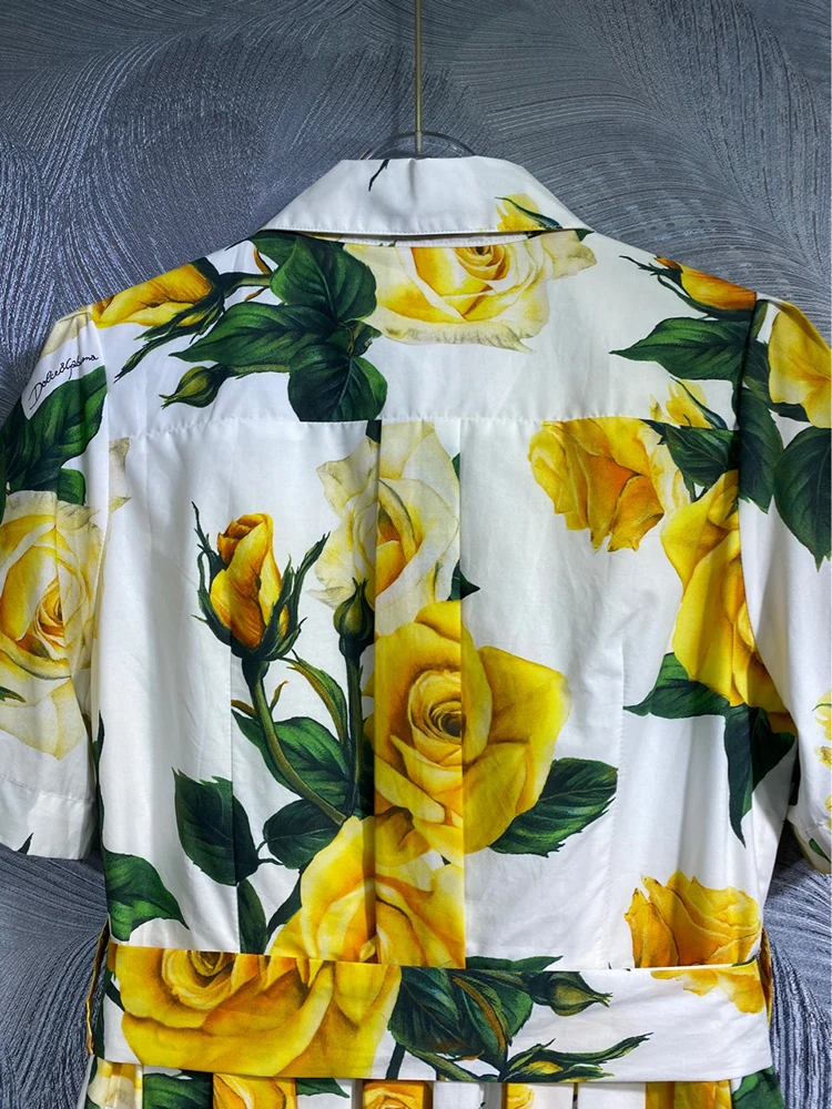 DLDENGHAN-Robe en coton jaune à manches courtes pour femmes, tenue de soirée élégante, à simple boutonnage, à lacets, imprimé floral, de styliste, nouvelle collection printemps