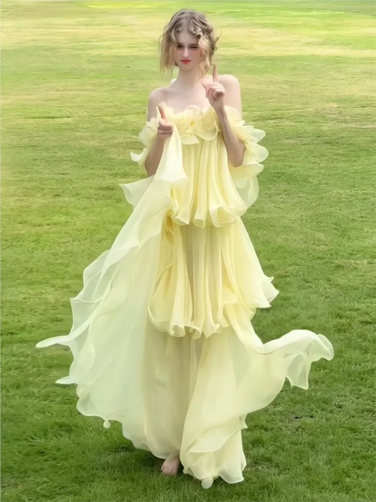 

New sweet morning dress yellow birthday party suitable for daily wear
