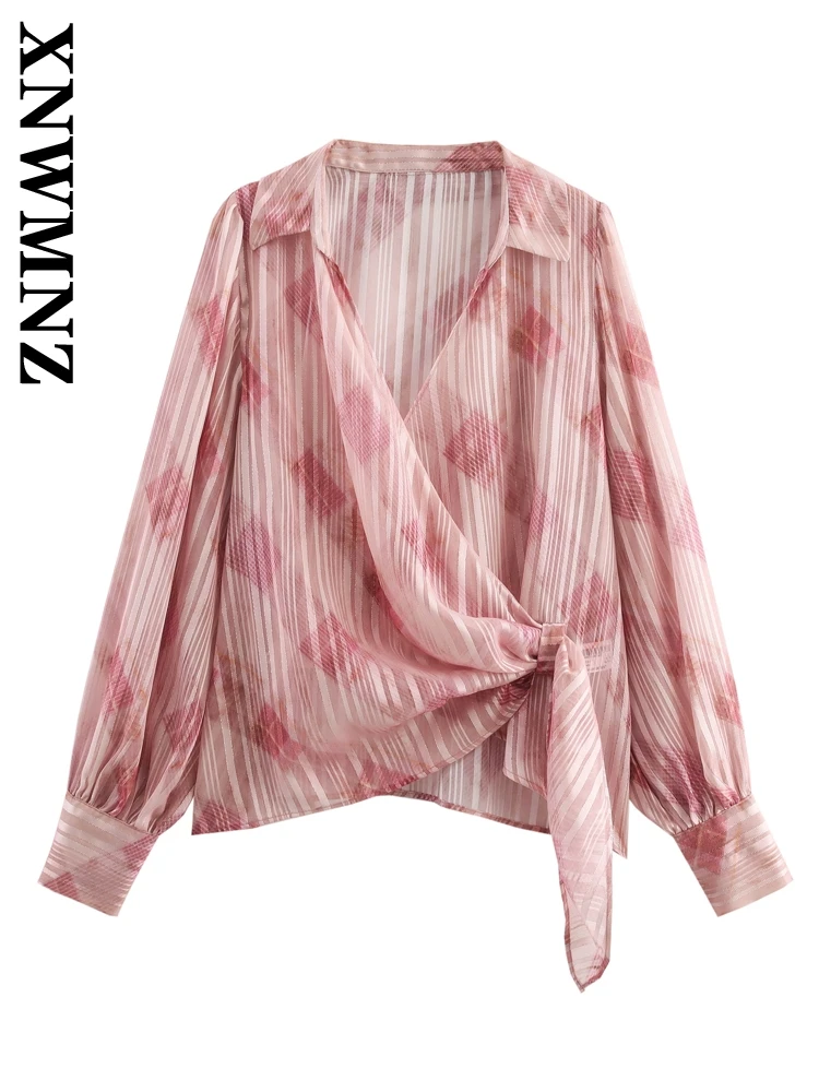 

XNWMNZ 2025 Spring New Woman's Streetwear Long Sleeve Coat Outerwear Chic Lady Turn-down Collar Shirt Ruffles Top Print Striped