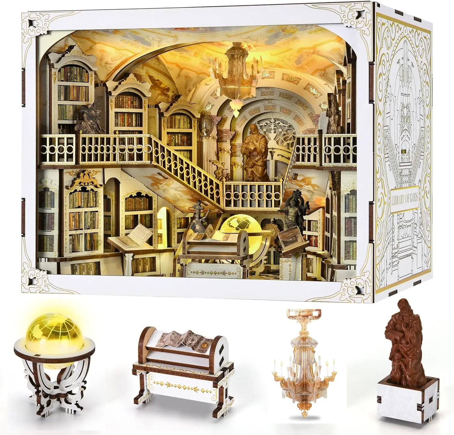 Library of Gods Book Nook Kit, DIY Wooden Miniature Scene with LED | Build an abbey library in 6-8 hr; 314-piece kit includes LE