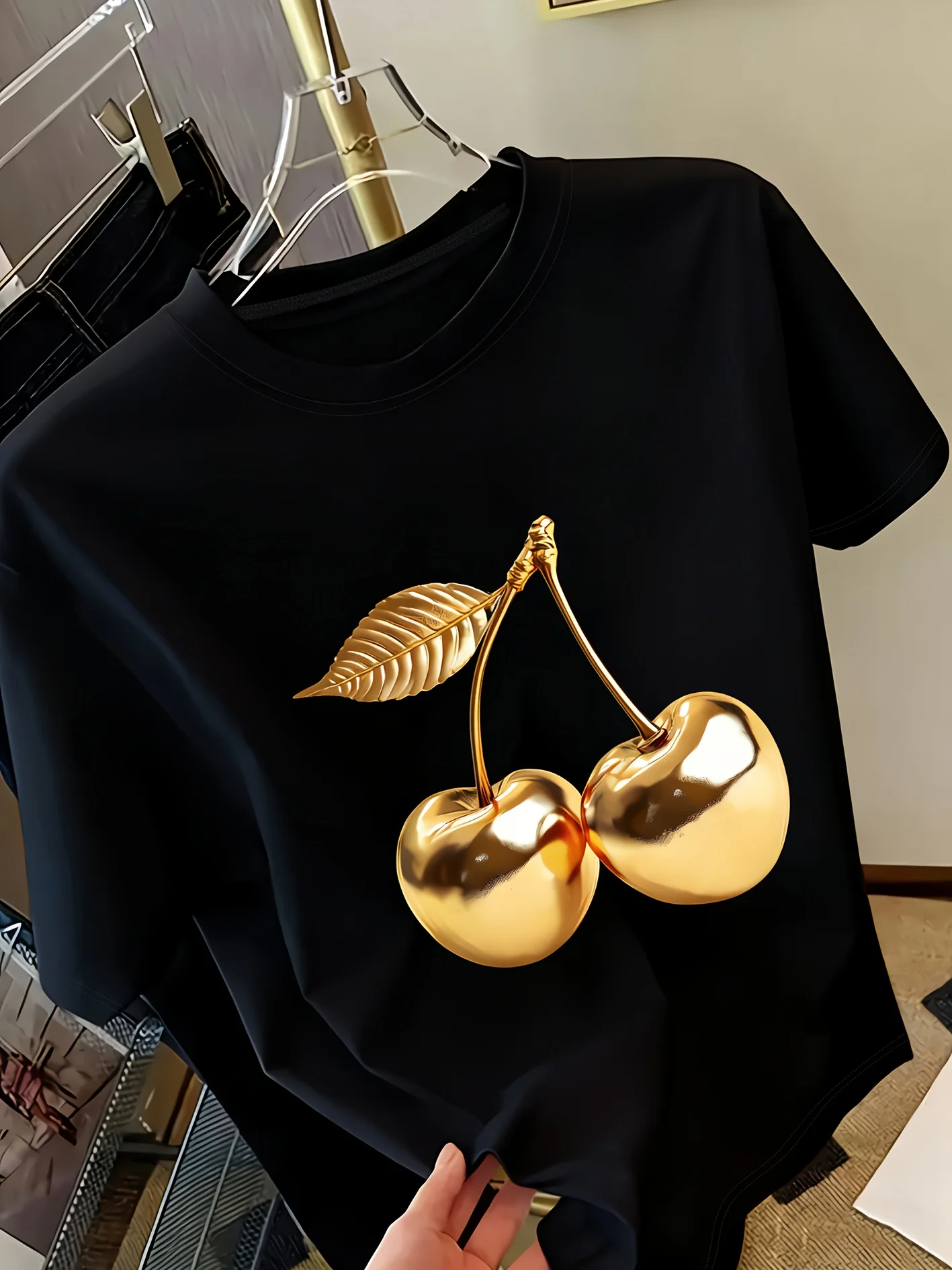 Golden Cherry Print Women Short Sleeve T-Shirt Stylish Casual Tee a Sense of Elegance Versatile Top for Women Minimalist Design