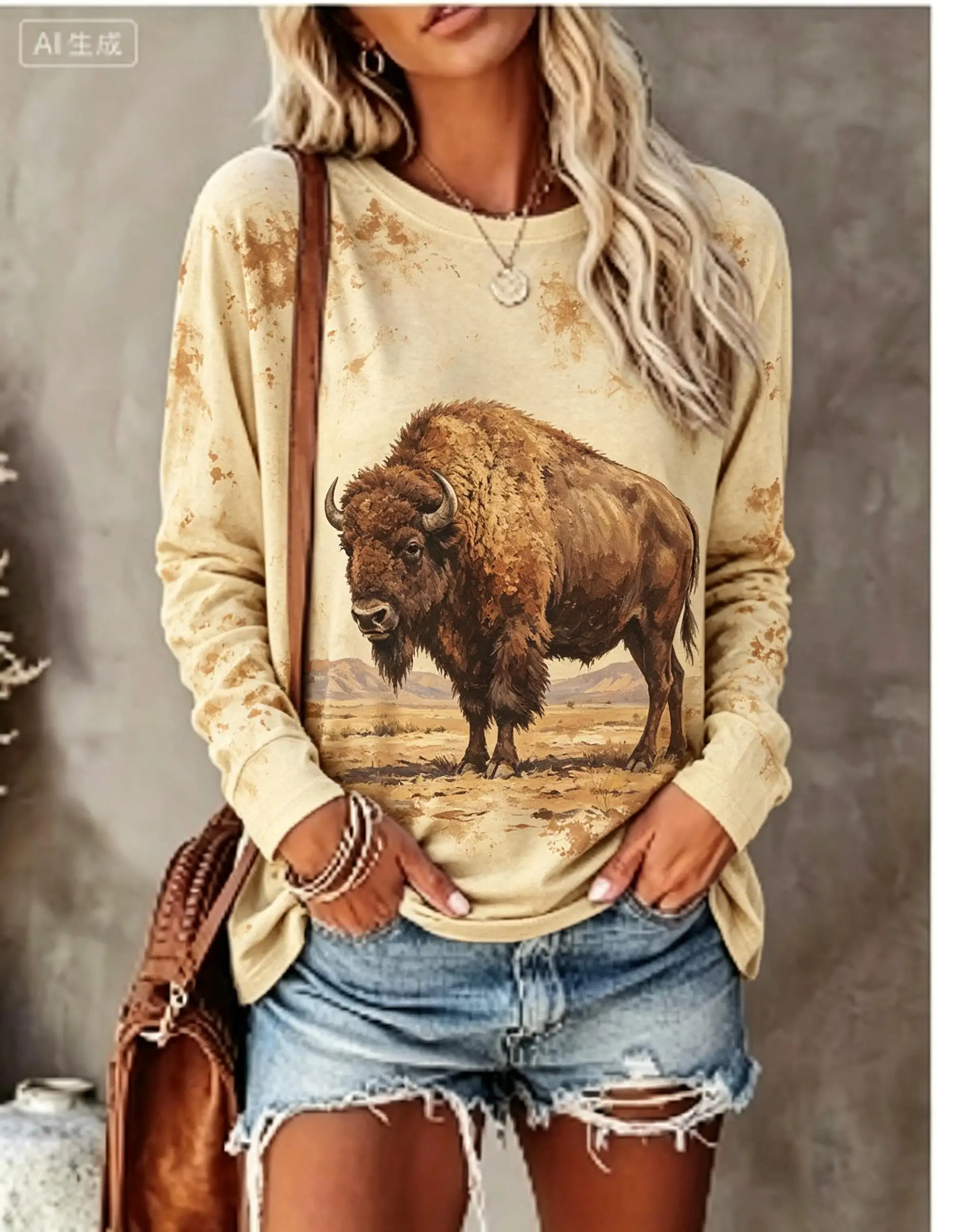 Women Long Sleeve T‑Shirt Wolf Forest Mountain Watercolor Gradient Print Crew Neck Casual Fall Tops