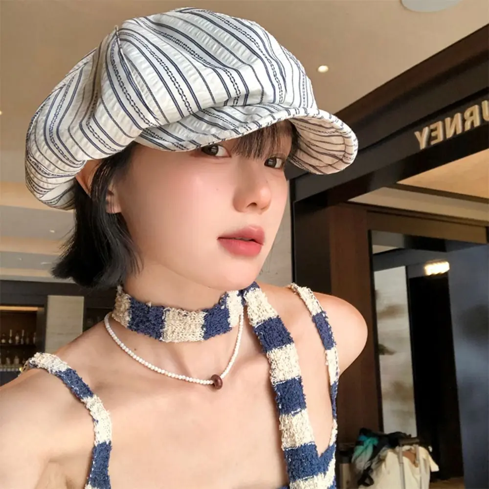 

Vintage Spring Summer Striped Berets Y2k Sunscreen Octagonal Hat Thin Casual Painter Caps Outdoor