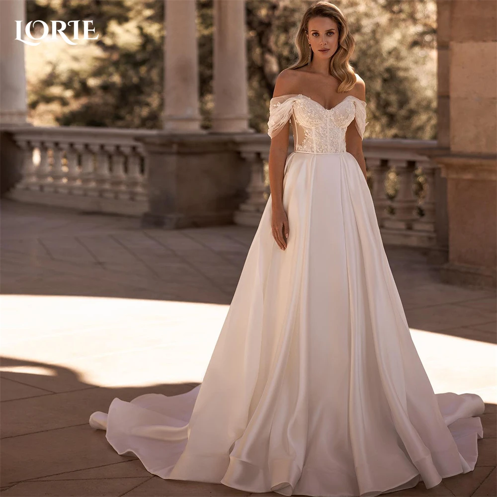 

LORIE Vintage Lace Wedding Dresses A-Line Satin Off Shoulder 3D Flowers Sleeveless Bridal Gowns Backless Princess Bride Dress