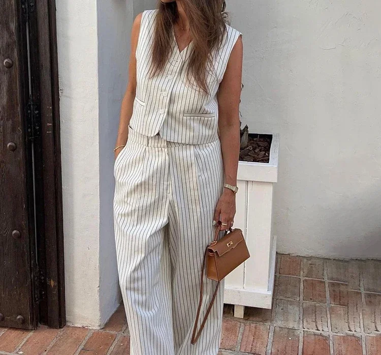 Casual Women\'s Sets Striped Vest Long Pants Set Wear Temperament Commuting Two-piece Suits for Female Streetwear 2024 New Summer