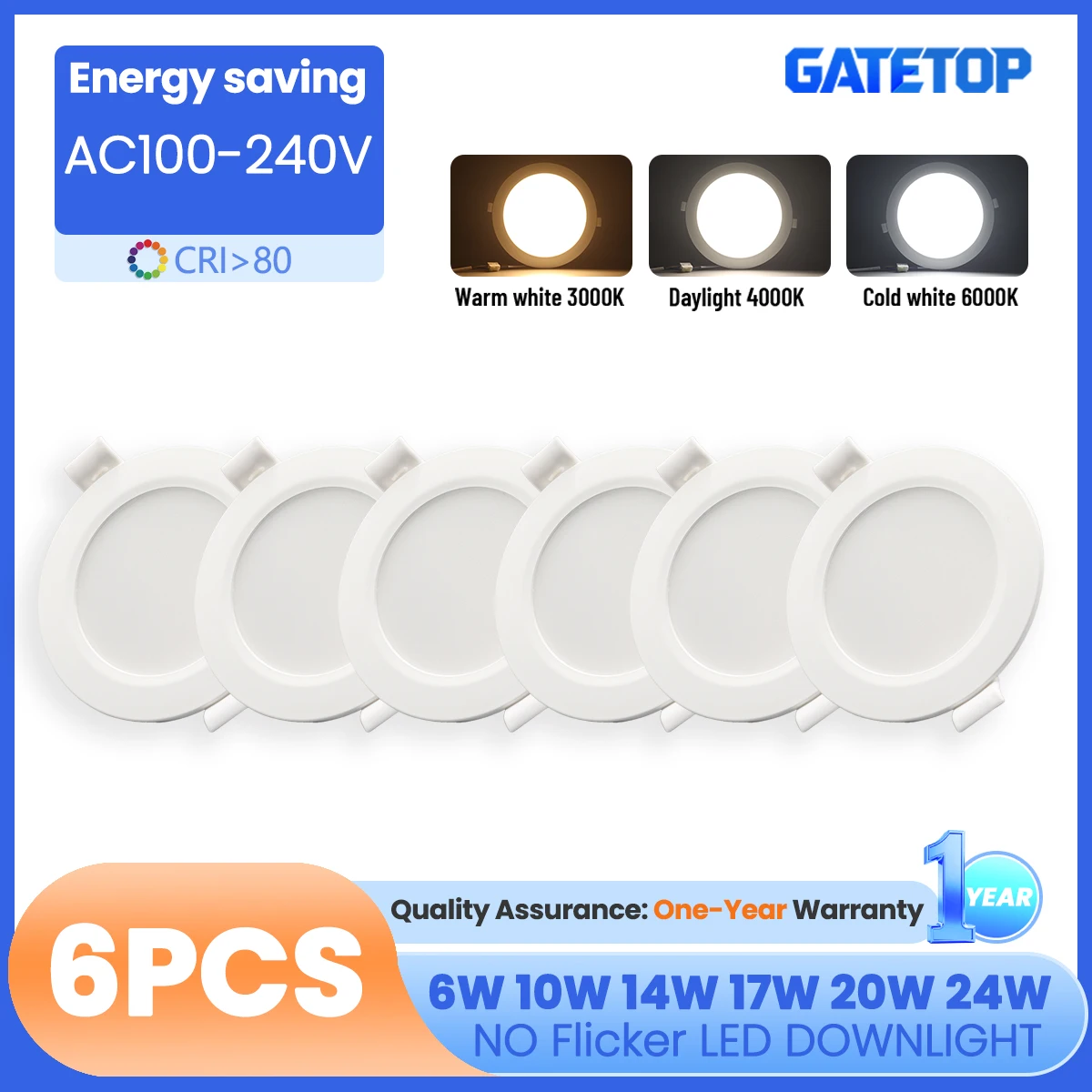 6PCS Three Color Led Downlight AC 120V 220V 6W-24W Recessed Ceiling Lamp Cold Lighting Led Spotlight for Living Room Bathroom