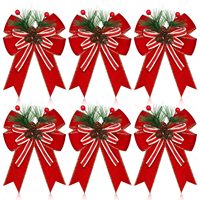 6PCS Christmas Bow With Pine Cones Pine Needles Xmas Checkered Ribbon Bow Christmas Tree Decoration Bows New Year Gifts