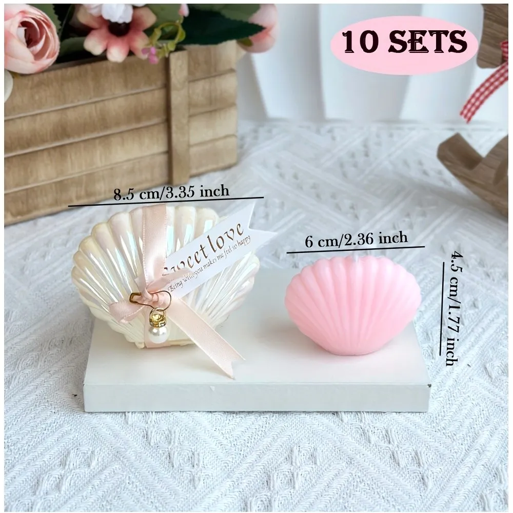Assorted Party Favor Sets – 10-Pack Freesia-Scented Candles with Elegant Shell & Pearl Decor, Perfect for Weddings, Baby Showers