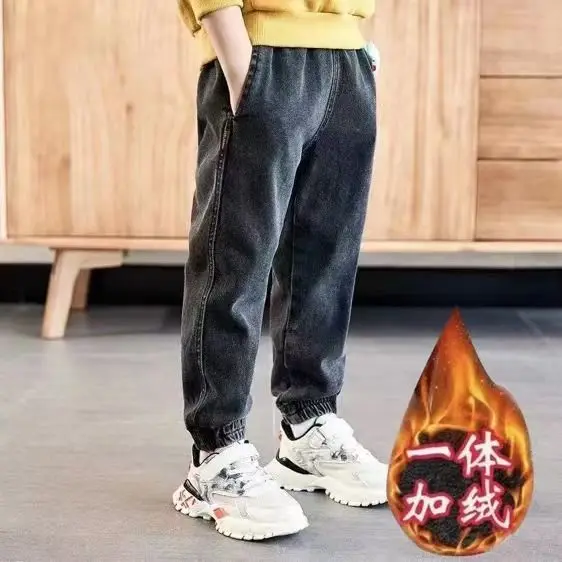 

3T-6T-12T Spring Autumn Winter Children's Baby Boys' Warm Denim Jeans Boys' Fleece-Lined Denimants