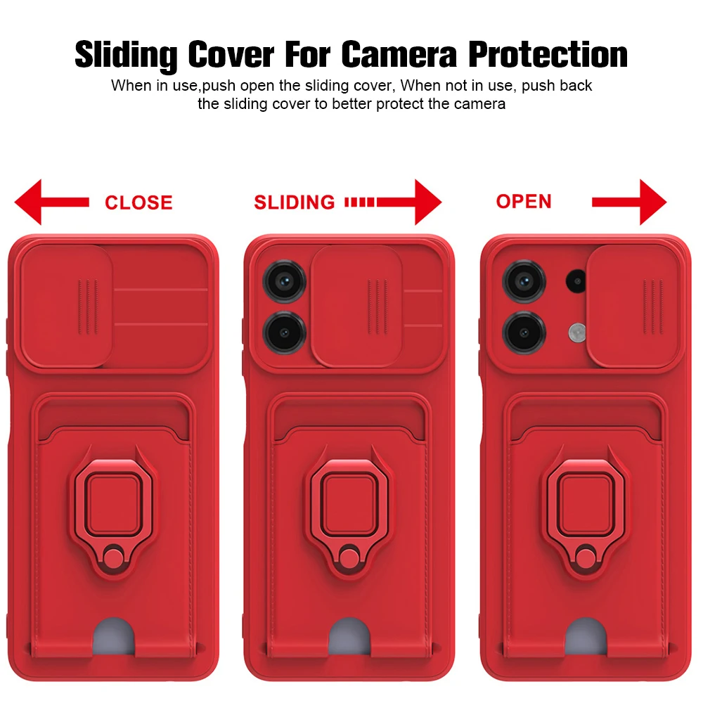 Slide Camera Protection Case For Redmi Note 13 Pro 5G 4G Magnetic Ring Card Slot Holder Shockproof Coque On Redmy Note13 Pro+ 5G