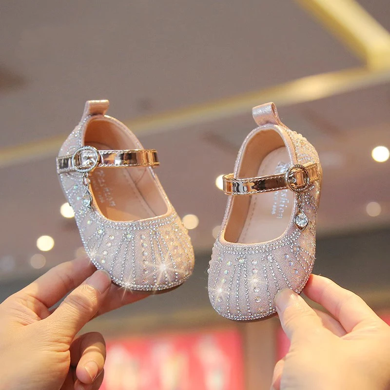 Toddler Girls Fashion Princess Crystal Flats Pink Full Rhinestone Mary Jane Strap Party Wedding Footwear Baby Shoes Boy 15-25