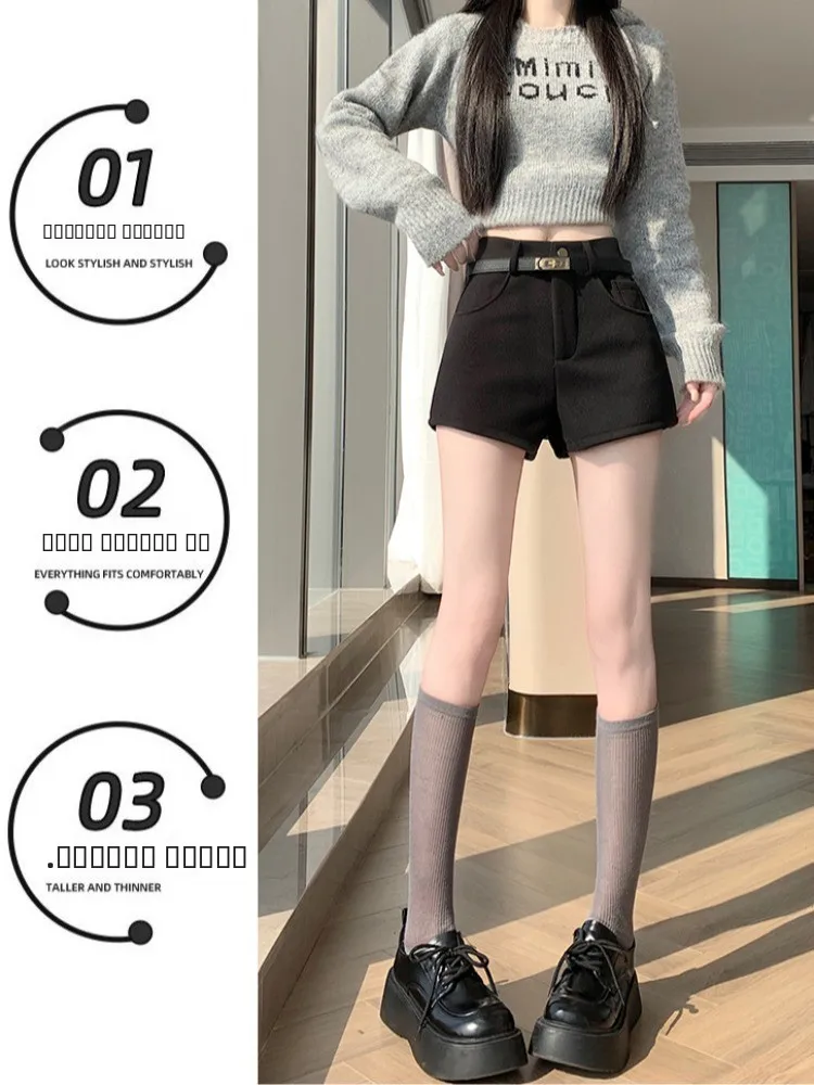 Calças Casuais de Cintura Alta em Tweed para Mulheres, Outono/Inverno, Calças de Corte Largura A, Estilo Moderno para o Dia a Dia