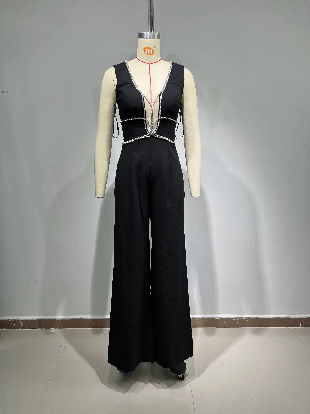 2024 Spring New Fashion Women's Clothing Urban Ladies Office Wear Elegant Sleeveless Jumpsuit Black Slim Diamond Decoration Sets