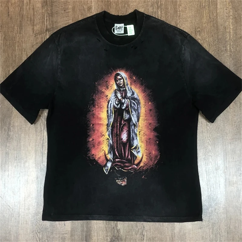 

SAINT Streetwear Vintage Hole Jesus Print T Shirt Men Women High Quality Washed Black T-shirt Top Tees