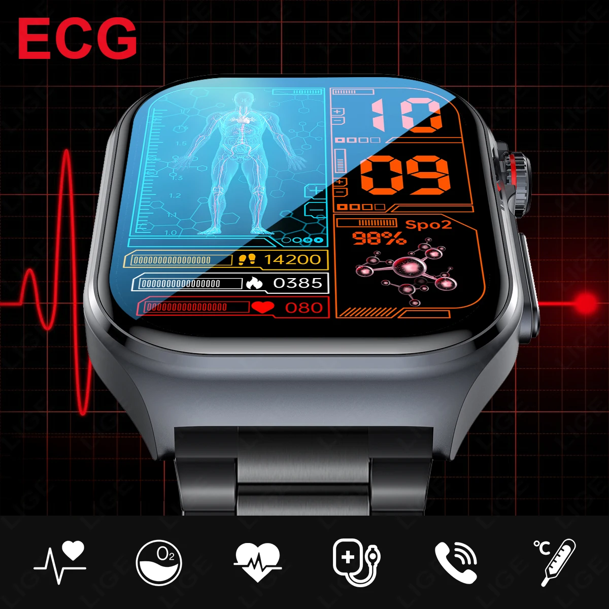 

LIGE AMOLED Smart Watch ET585 Men ECG Blood Compositoin Health Monitoring Bluetooth Call Women Sports Fitness Tracker Smartwatch