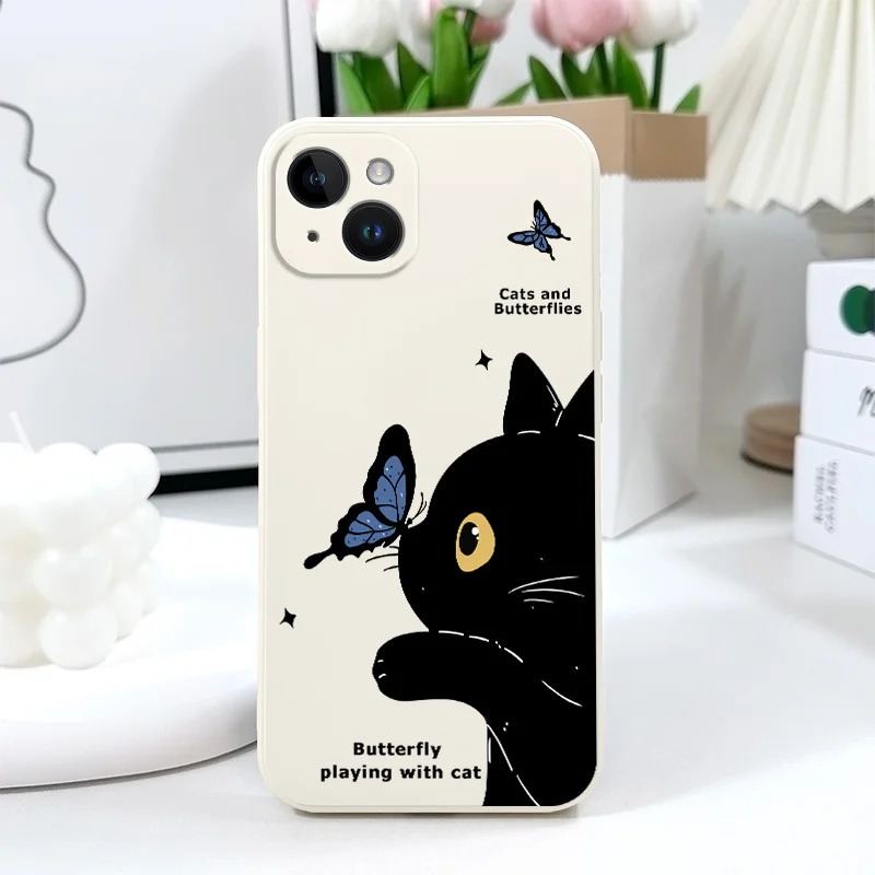 Cat Butterfly Phone Case For iPhone 16 15 14 13 12 11 X XR XS Plus Pro Max Mini Silicone Cover