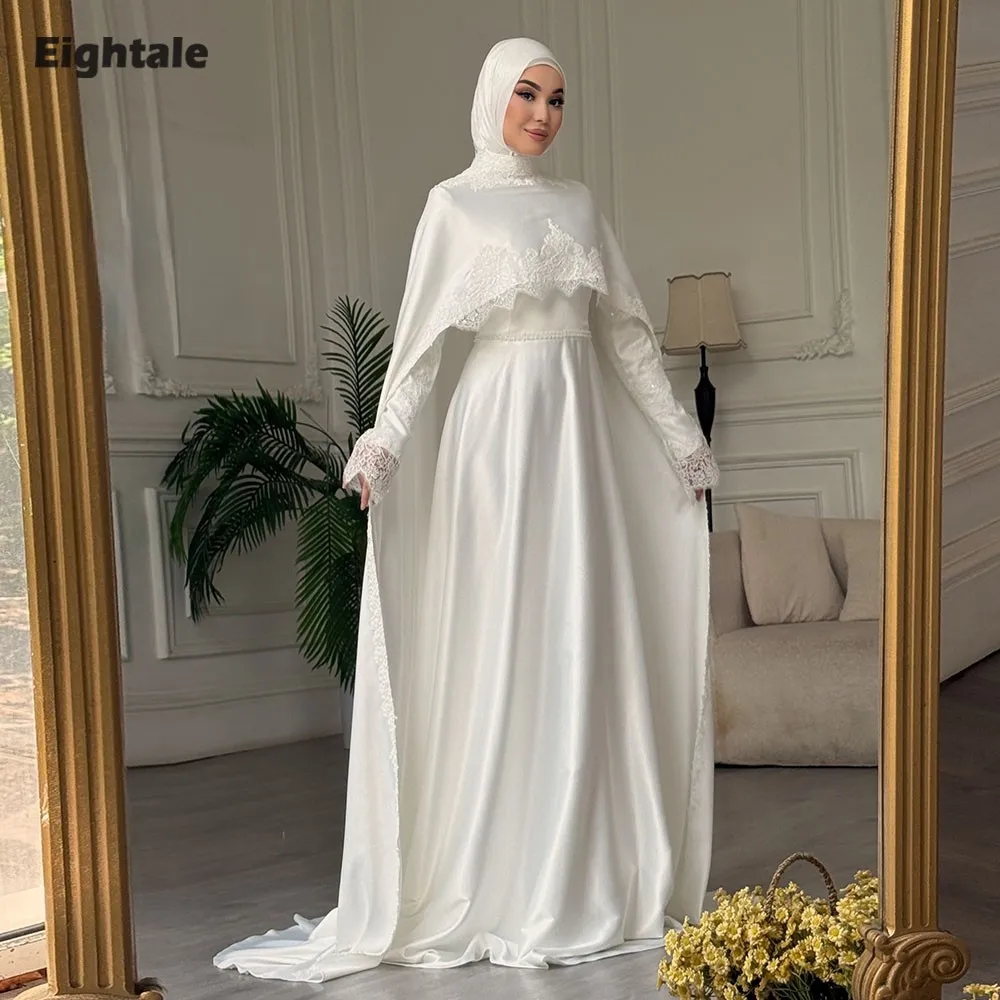 Eightale Arabisches Hochzeitskleid mit O-Ausschnitt, maßgeschneidert, elfenbeinfarben, bodenlang, muslimisches Brautkleid mit langen Ärmeln, Partykleid