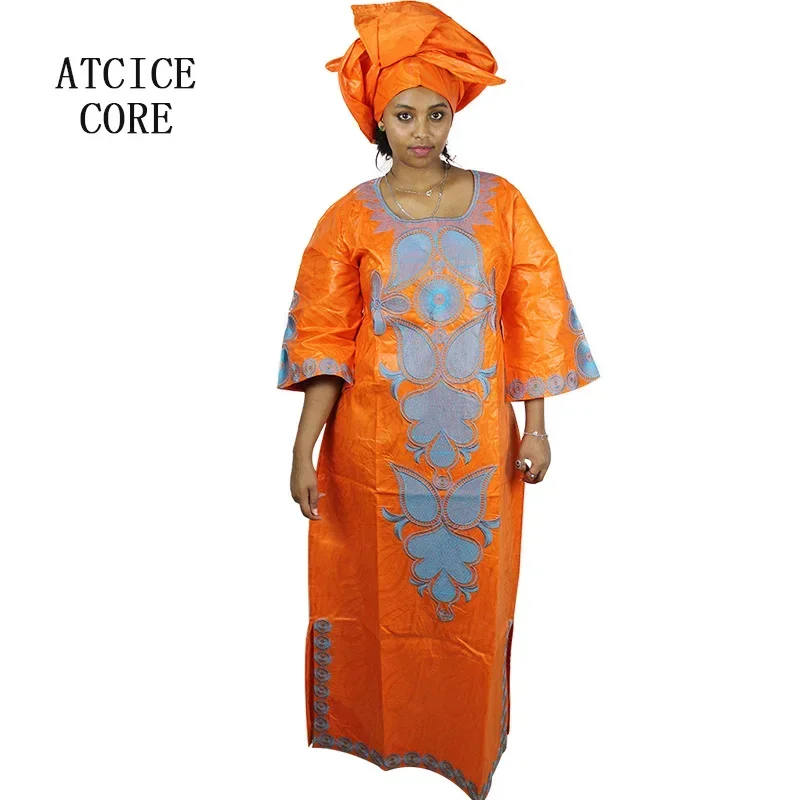 African Dresses For Woman Cotton Bazin Riche Embroidery Design Long Dress Scarf