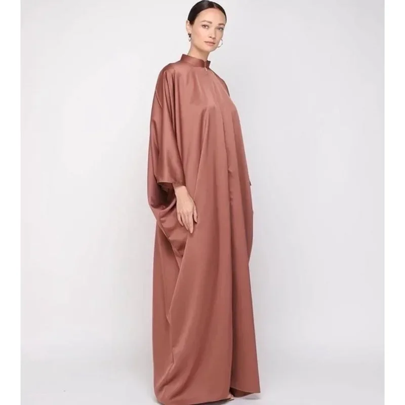 Woman Turkish Arabia Evening Dresses Solid Stand Collar Muslim Dress Bat Sleeve Middle East Dubai Abaya Loose Plus-size Robes