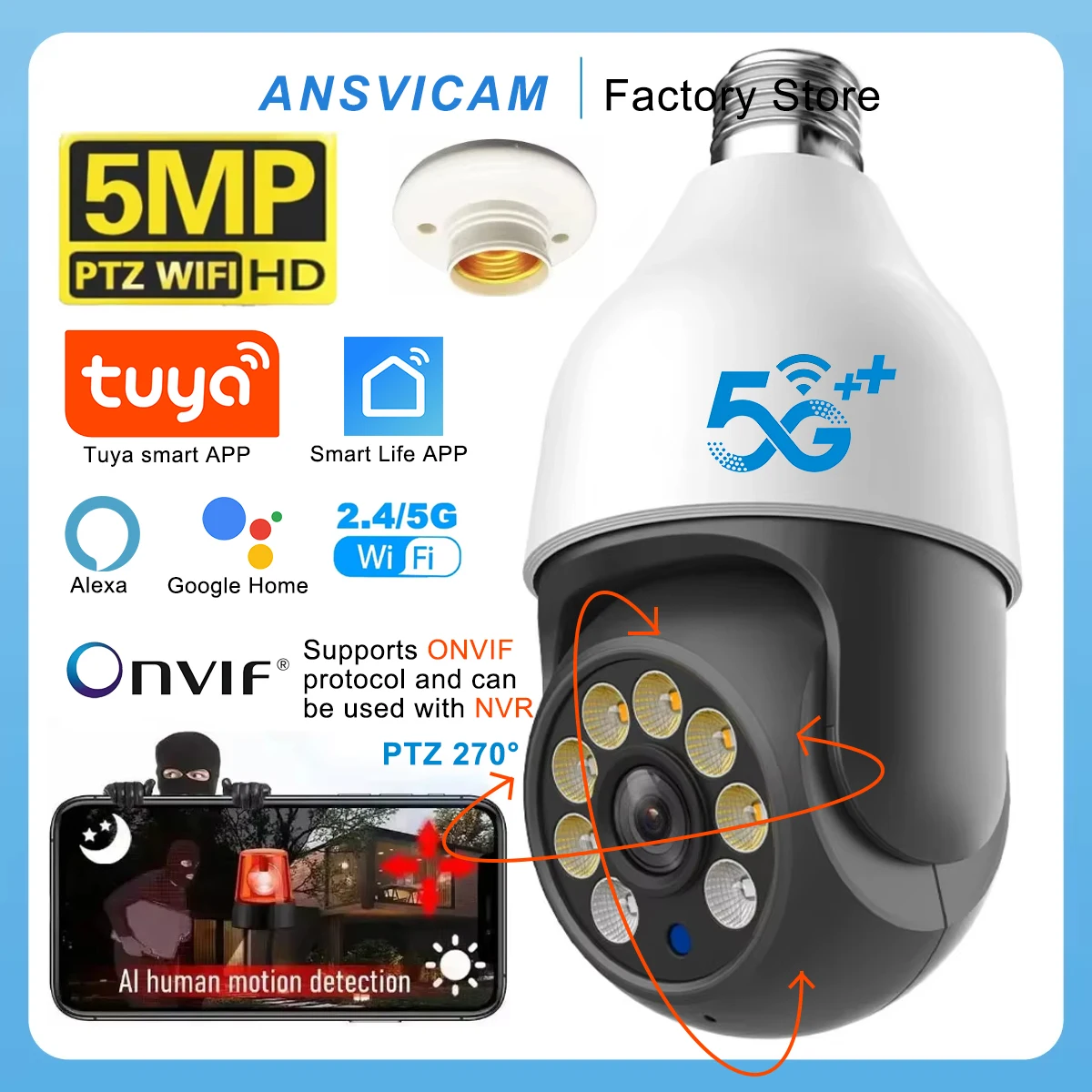 TUYA 5MP 5G Bulb Camera E27 WiFi TUYA Smart Life PTZ IP CCTV Outdoor Night Vision 3MP Security Video Bulb Surveillance Camera