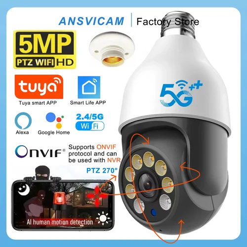 Imagen 1 del producto Cámara de vigilancia con bombilla de 5MP y 5G, videocámara de seguridad para exteriores, E27, WiFi, TUYA Smart Life, PTZ, IP, CCTV, visión nocturna, 3MP