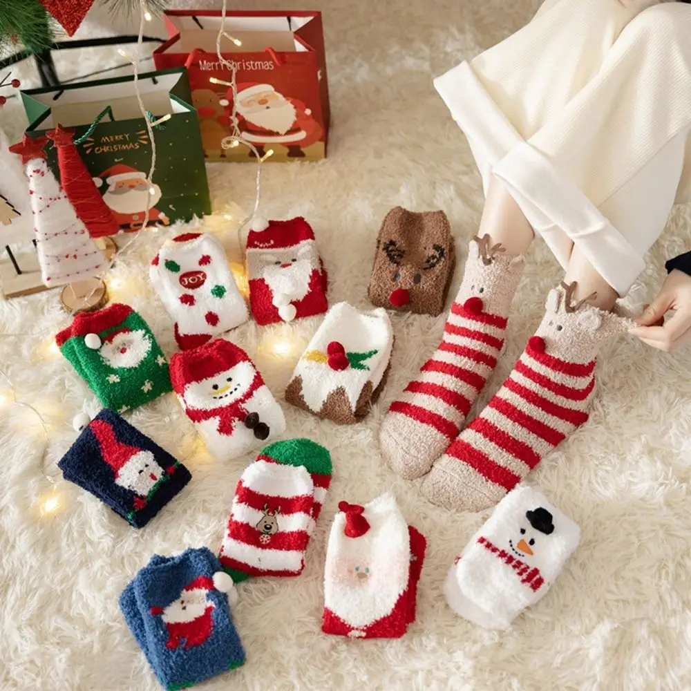 Cartoon Santa Claus Home Socks Elk Christmas Hat Red Green Coral Velvet Socks Middle Tube Socks Christmas Socks Women Hosiery