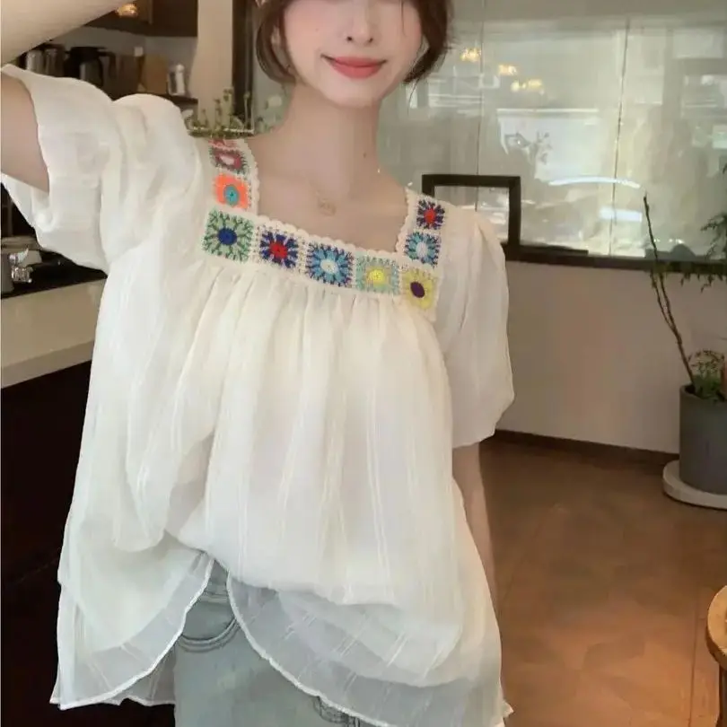 

Shirt Short Sleeve Chiffon Embroidered Solid Color Women Summer Simplicity Loose Sweet Square Collar Ladies Casual Elegant Tops