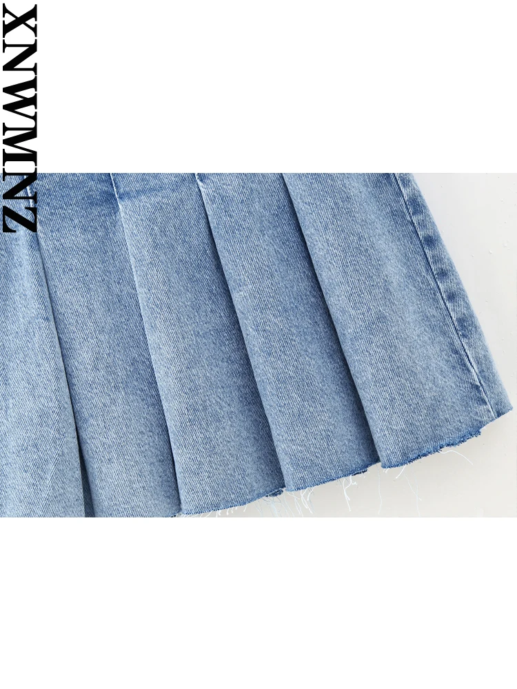 XNWMNZ 2023 Women fashion denim box pleat mini skirt woman high street high waist side zipper female chic skirt