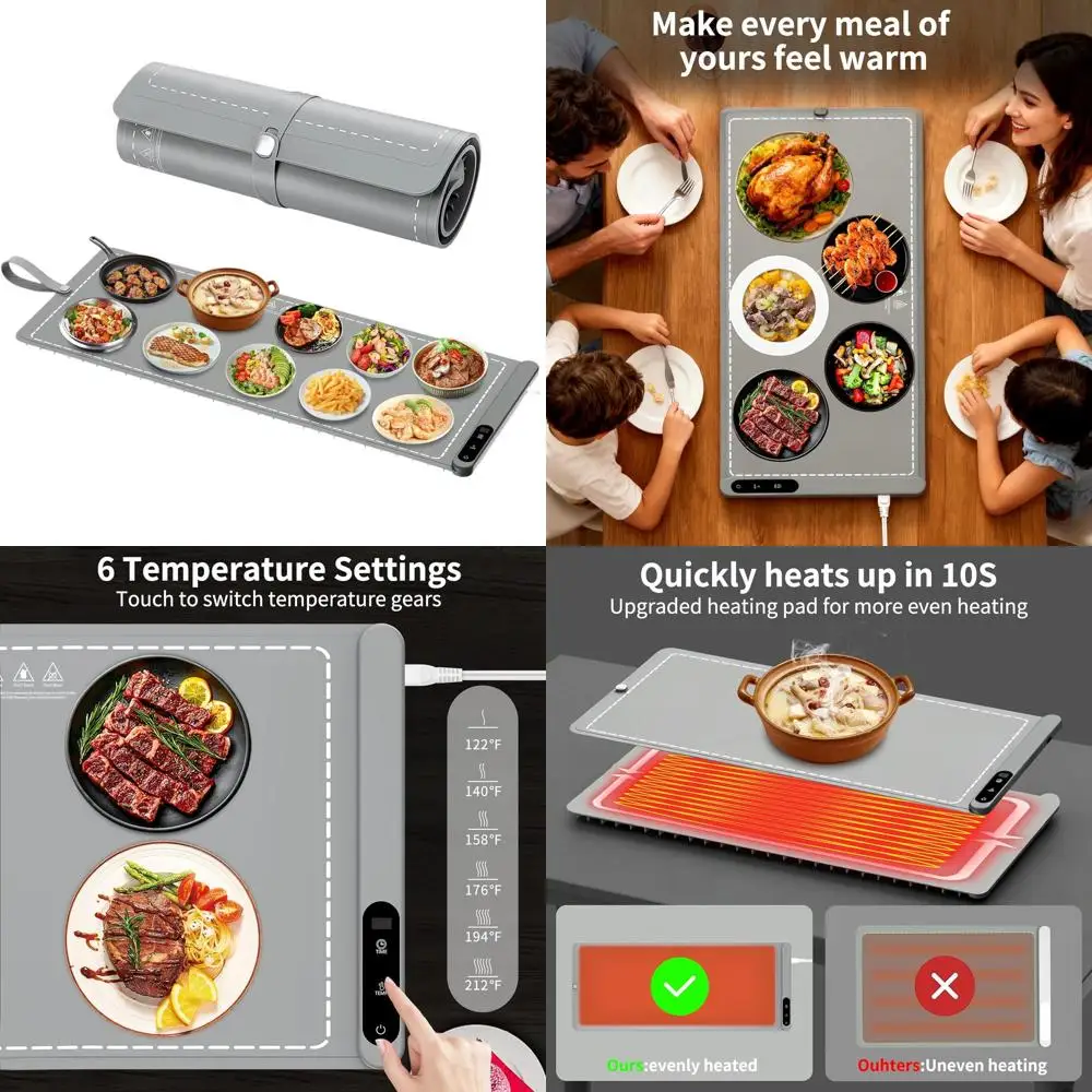 

Extra Large Electric Food Warming Mat with 6 Temperature Settings and Timer, Silicone Heating Tray for Parties, Grey