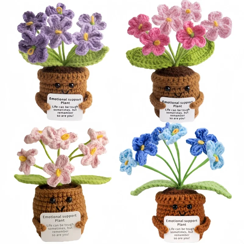 Emotional Support Handmade Crochet Potted Plant Flowers with Positive Energy Card Office Desktop Ornament Home Decoration Gifts