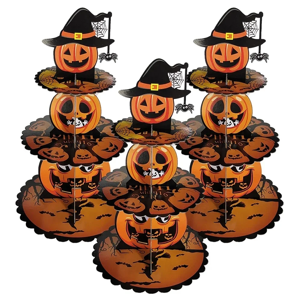 

1PC Christmas Halloween Dessert Tower Witch Cap Topped Paper Stand Spooky Face Arachnid Gourd 3 Tier Cupcake Festivity Decor ﻿