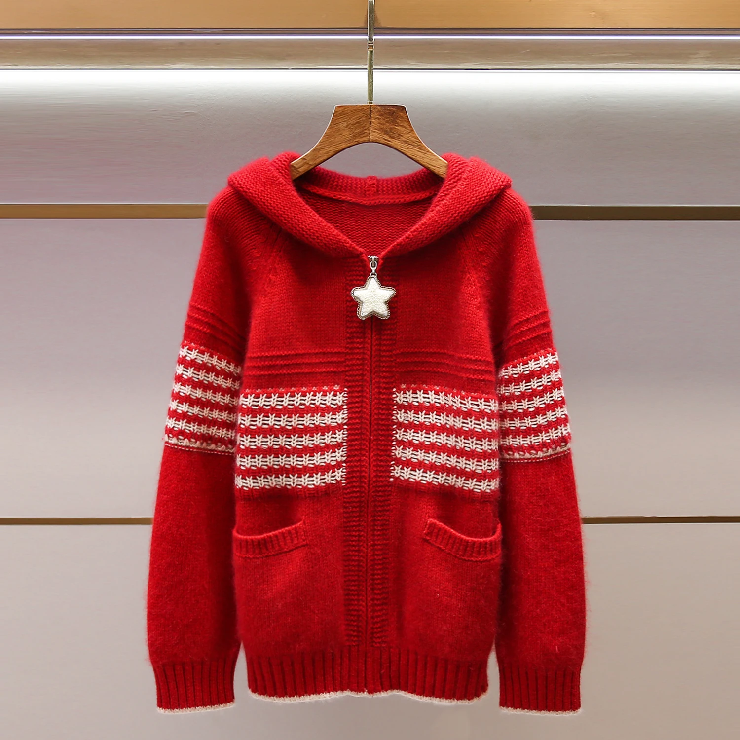 

Женский вязаный кардиган Cisas Red Star на молнии, высококачественная зимняя верхняя одежда, мягкий, средней толщины, длинный свитер