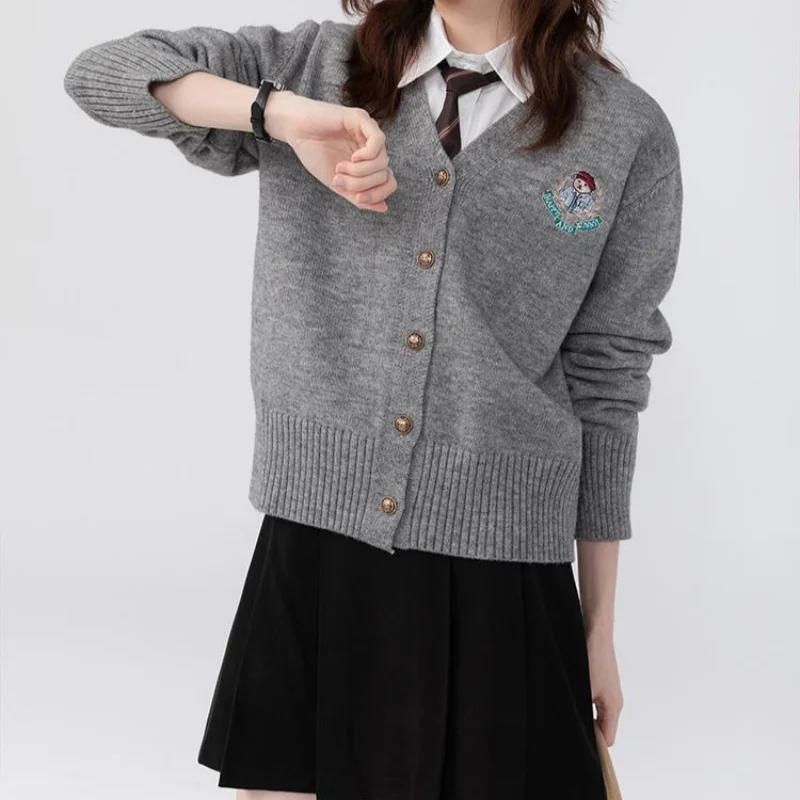 American Vintage Badge Bear Embroidery Cardigan Short Jacket Preppy College Girls V-neck Sweater Coat Autumn Winter Long Sleeve