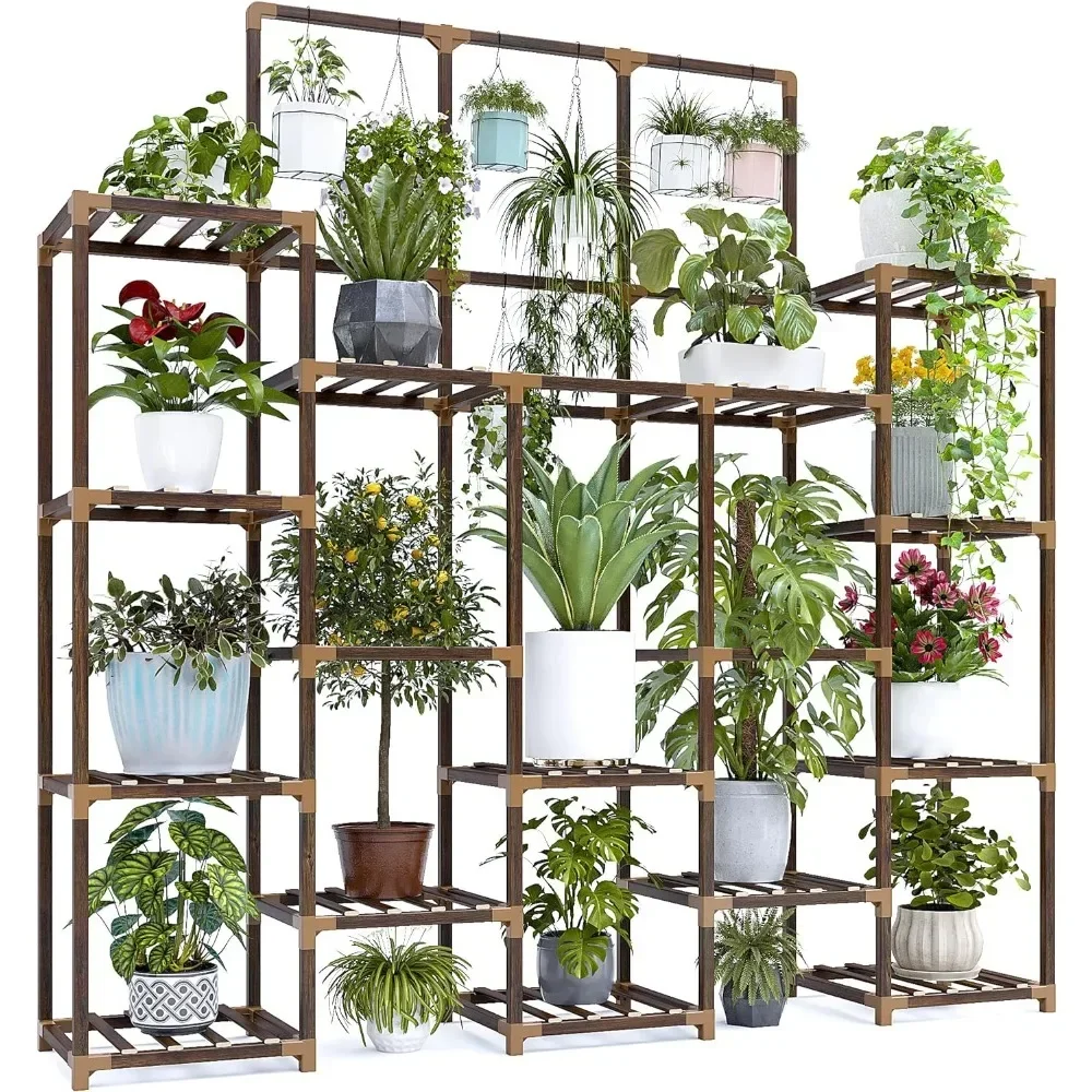 Soporte mejorado para plantas de interior y exterior, 7 niveles y 14 estantes de madera en maceta, soporte de carga de 600 libras, 63 pulgadas