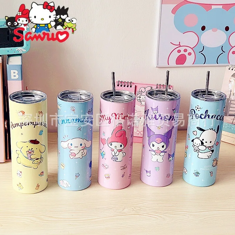 Sanrio Melody Kuromi Hello Kitty Cinnamoroll Pochacco 304 Stainless Steel Thermos Flask Cup with Straw Portable Straight Cup