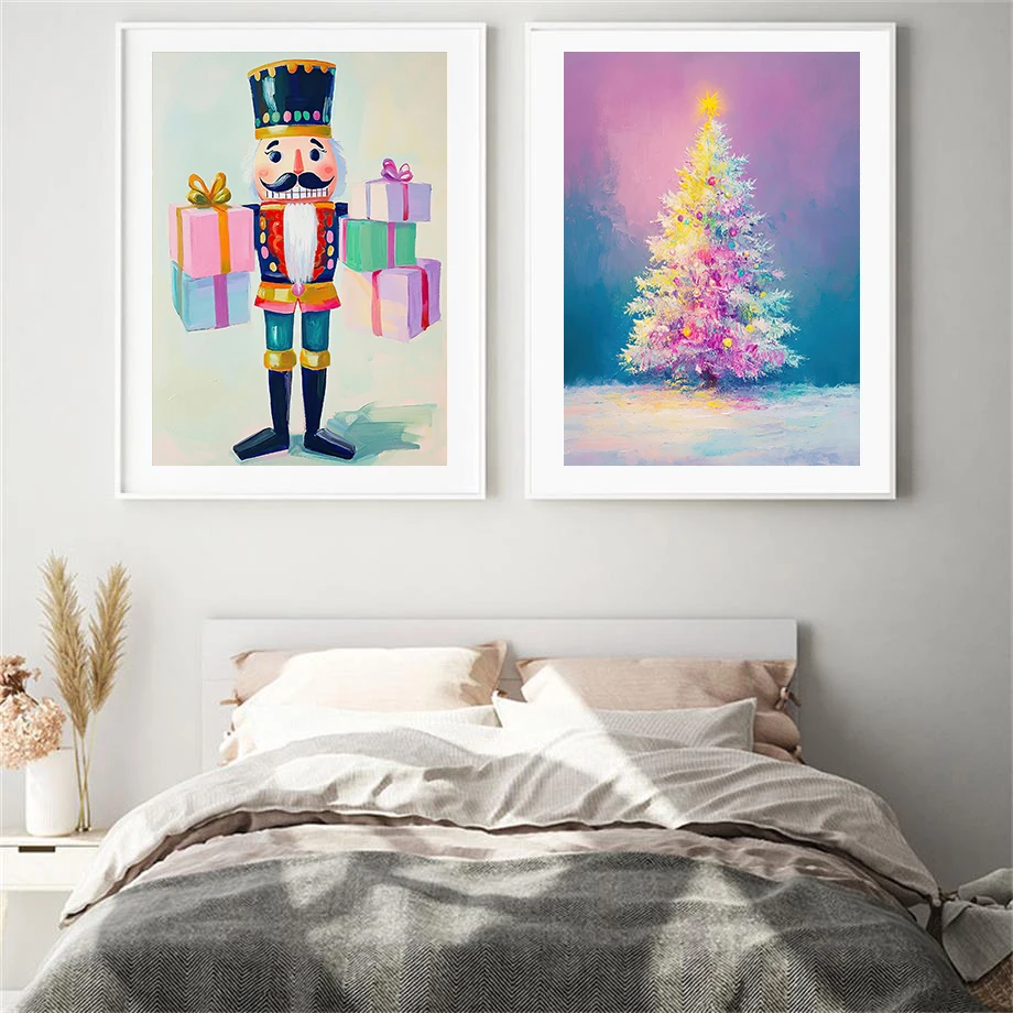 Snow House Christmas Tree Holiday  Fashion Wall Art Canvas Painting Nordic Poster Room Decor Watercolor Art Christmas At Night