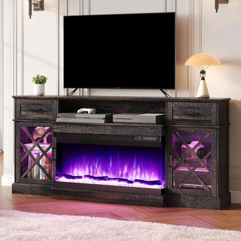 

3-Sided Farmhouse LED Fireplace TV Stand, 70" Large Entertainment Center with Flip-Down Doors for TVs up to 80", Modern Wood