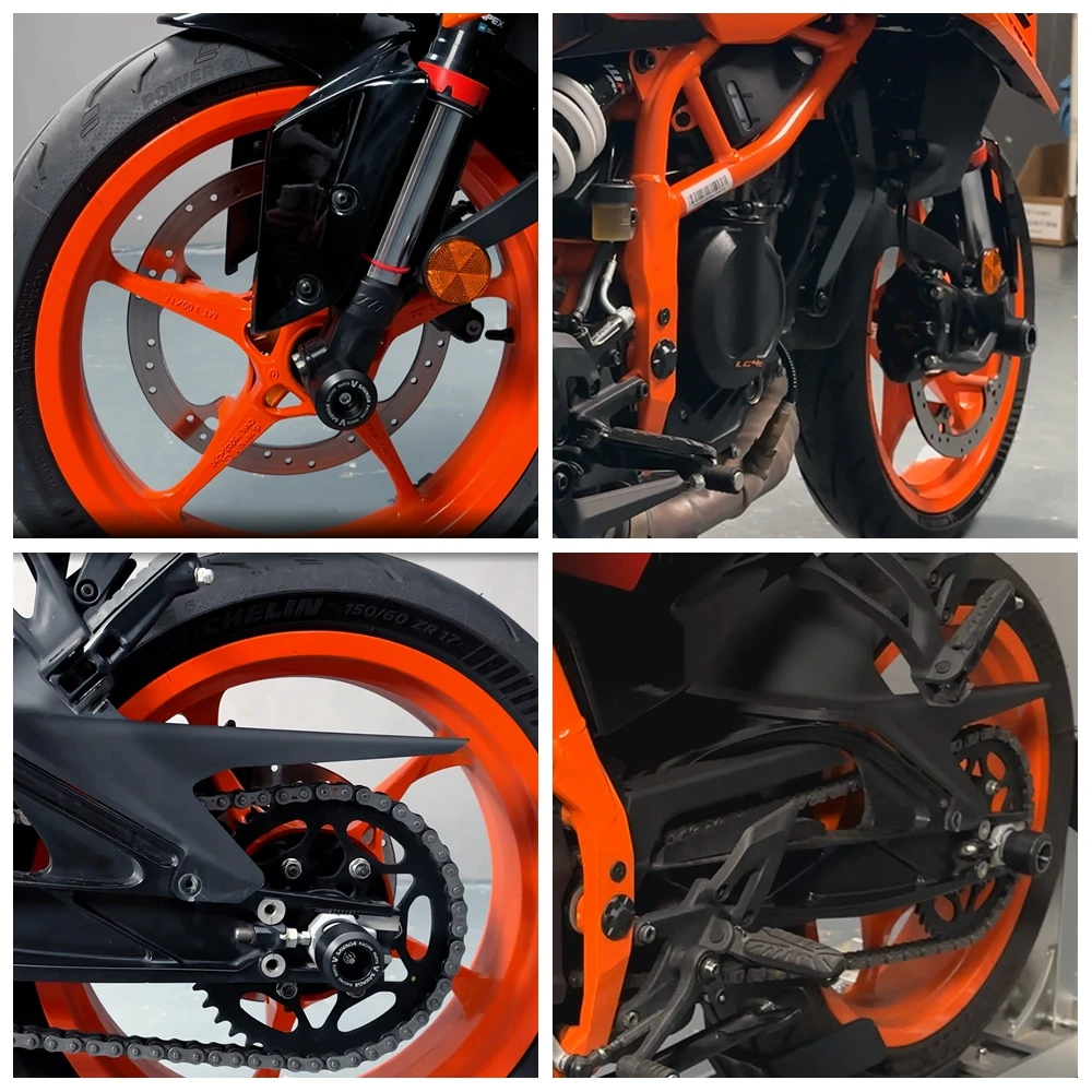 2024 لـ 390 125 Duke عجلة المحور شوكة تحطم المتزلجون دراجة نارية الخلفية Swingarm تحطم حامي Swingarm بكرات المنزلق الملحقات