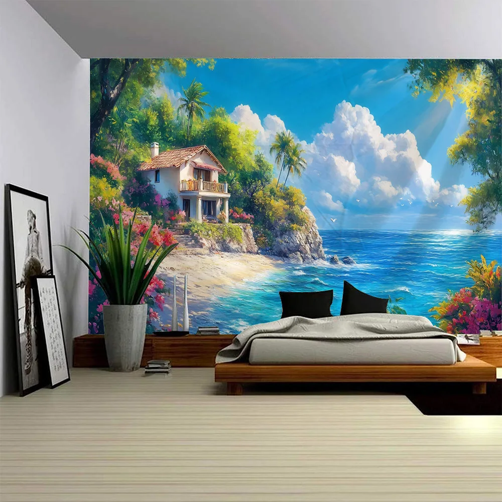 Sea Coconut Tree Wall Mounted Tapestry Aesthetic Decorative Art Wallpaper for Living Room Home Dormitory Bedroom