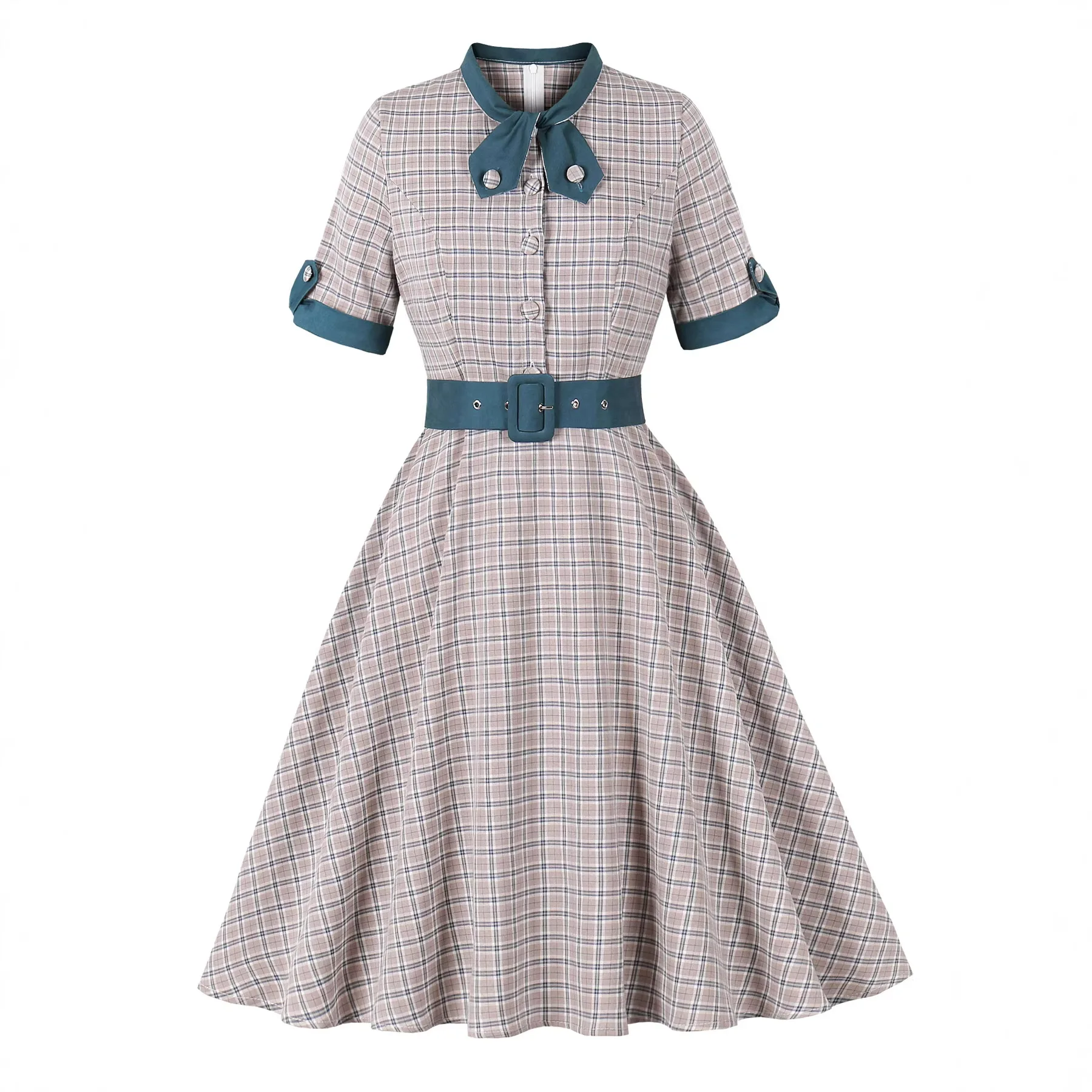 Women'S Fashion Of The 50S - 50년대 빈티지 플래드 버튼 프론트 타이넥