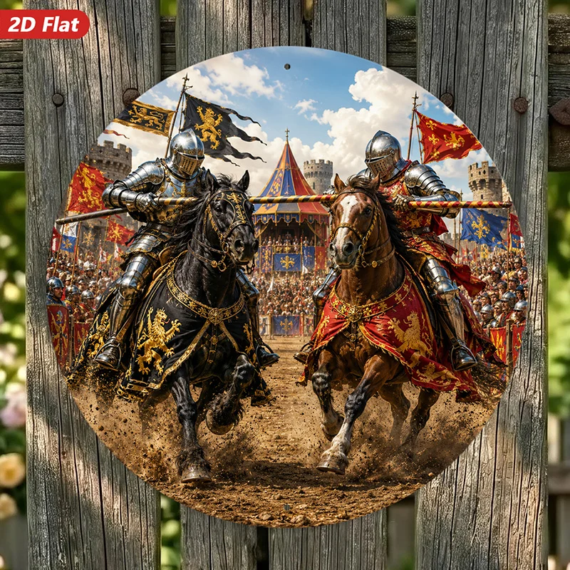 2D Flat, 1pc Medieval Joust Scene Round Metal Sign Wall Art, Home Decor, Armored Horse Riders, Ideal for Garden Corner Entryway,