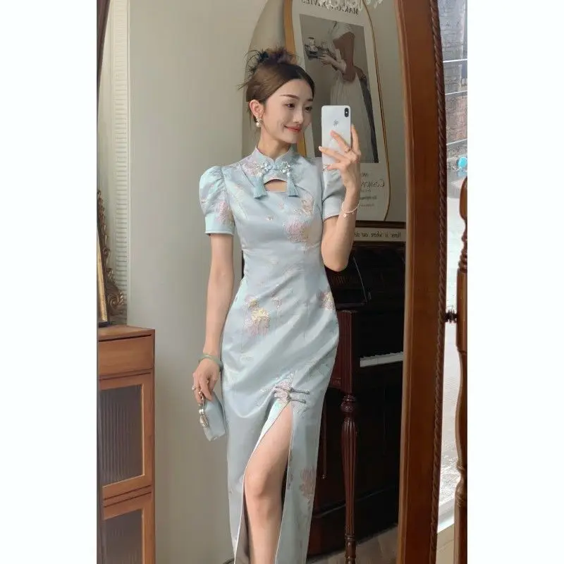 

New Chinese Style Improved Qipao Republic of China Style French Dress Women Elegant Cheongsam Qipao Sexy Hollow Out Dress