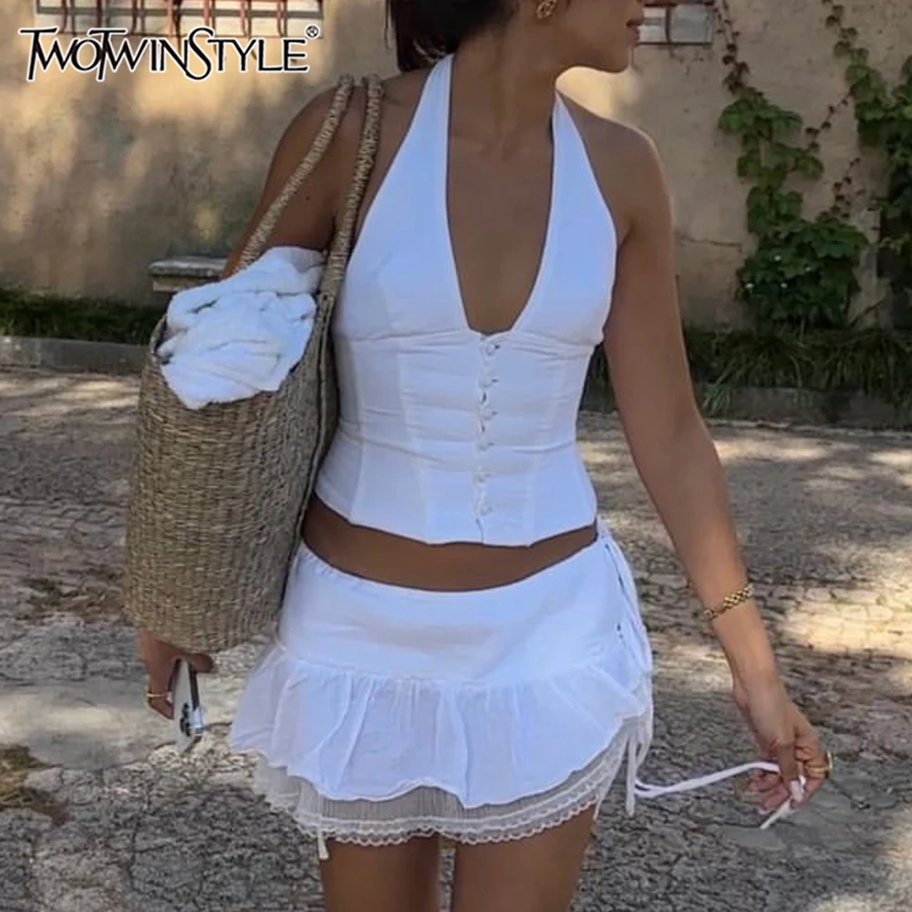 

TWOTWINSTYLE однотонный комплект из двух предметов для женщин, жилеты без рукавов с глубоким v-образным вырезом и высокой талией, мини-юбки, комплекты женской моды, новинка