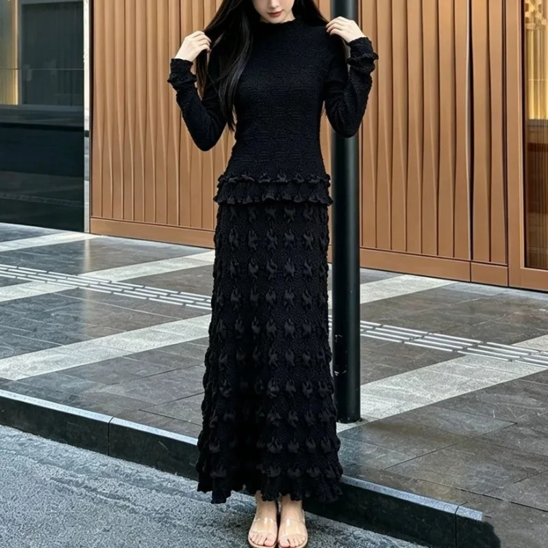 Miyake Pleated Skirt Set Plisse 2026 Autumn New Solid Handmade Ruffled Bubble Long Sleeve Top Elegant Versatile Simple Women's