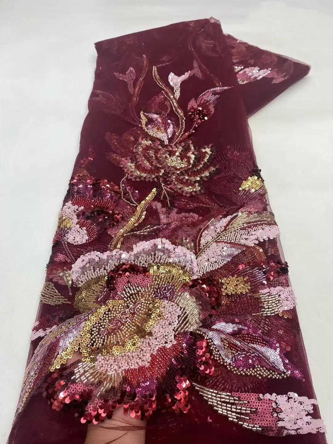 French Beaded Sequins Lace Fabric High Quality 5 Yard Mesh Tulle African Lace Fabric Nigerian Wedding Dress for Women-XZ