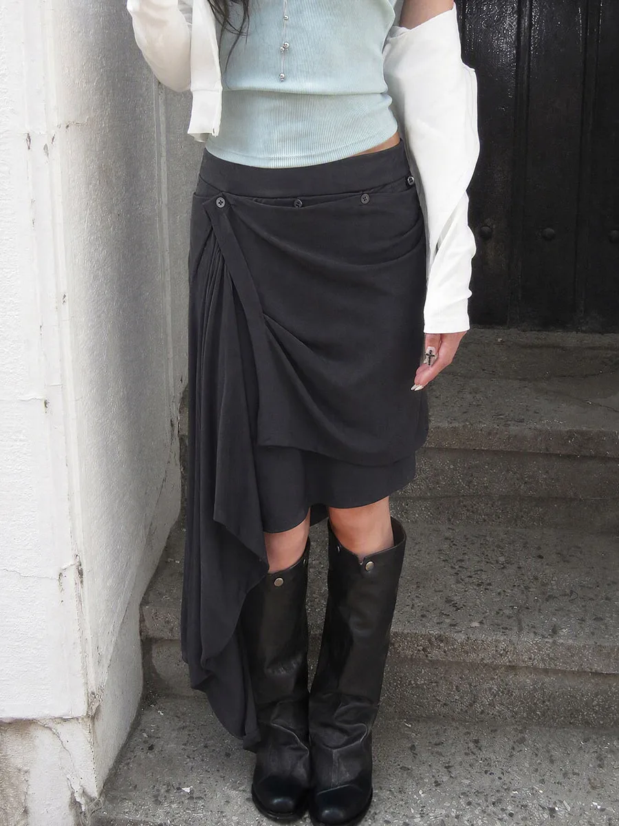 Fashionable A-Line Midi Skirt for Women Autumn Early High Waist Asymmetrical Hem Design French Style Button Elegant Chic