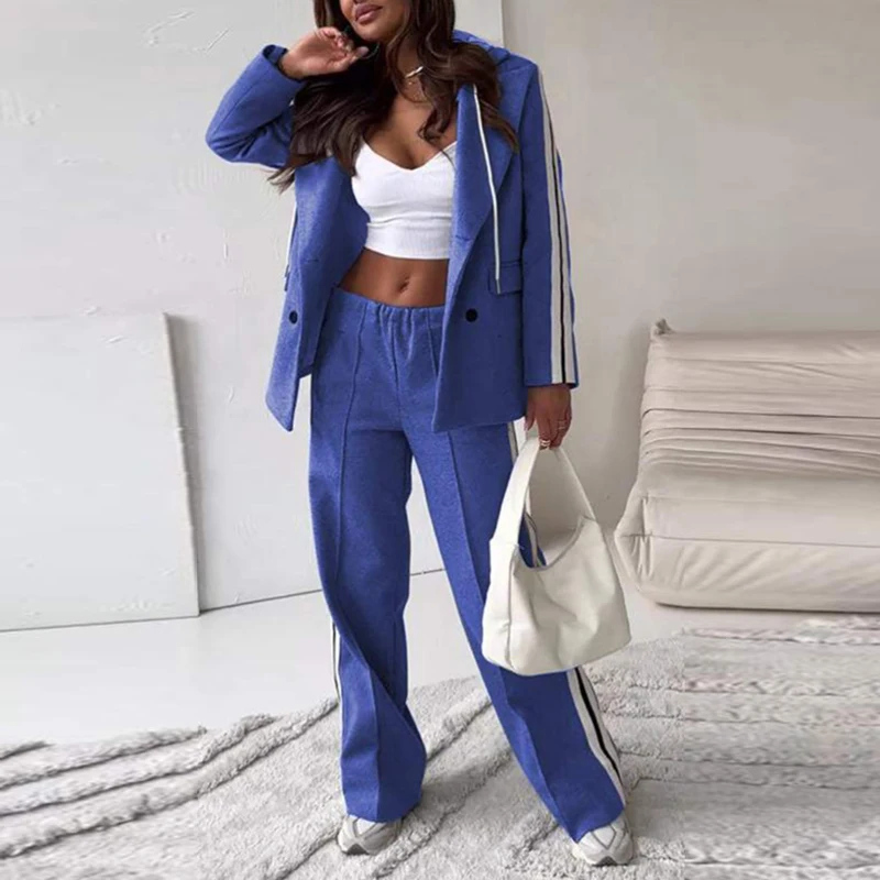 Elegant Office Double Breasted Blazer Outfit Set Women Winter Long Sleeve Casual Two Piece Fall Stripe Print Straight Pant Suits