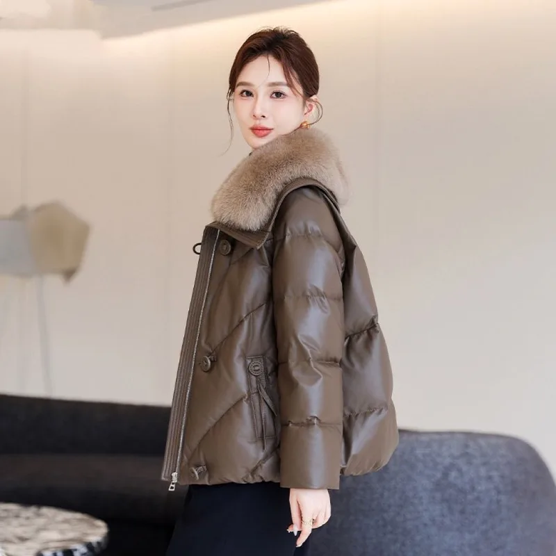 高品質の女性ダウンレザージャケット秋冬厚く暖かいフェイクレザートレンチコート女性パファーパーカーオーバーコート